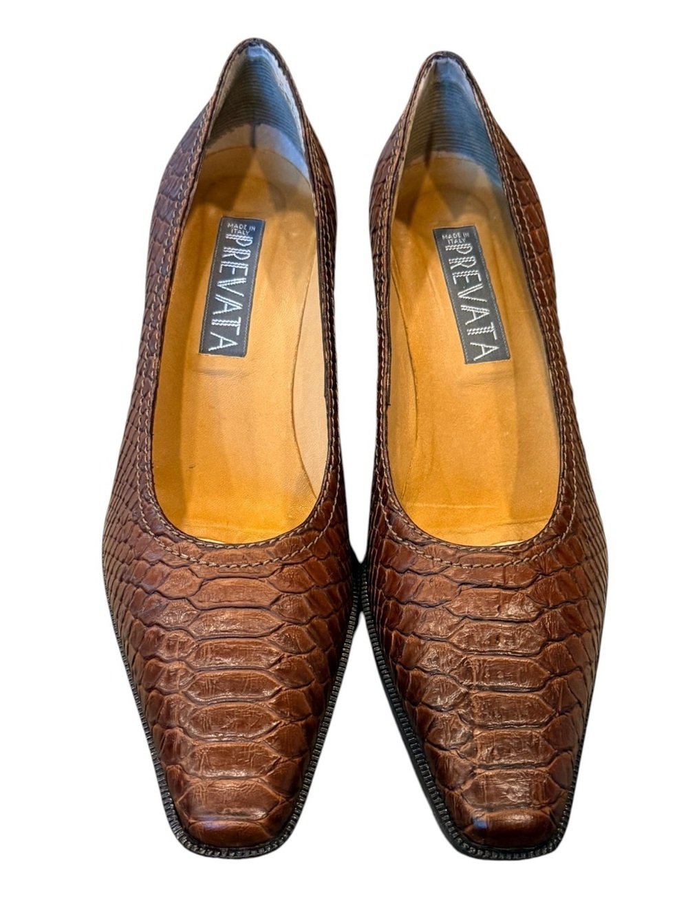 Prevata Diamon Vintage Cognac Snake Embossed Leather Square Toe Pump 8.5